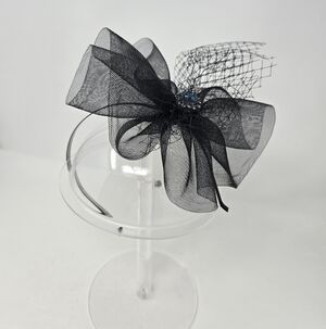 VINTAGE HANDMADE FASCINATOR HEADBAND BLACK TULLE BLUE RHINESTONE BROOCH DIY